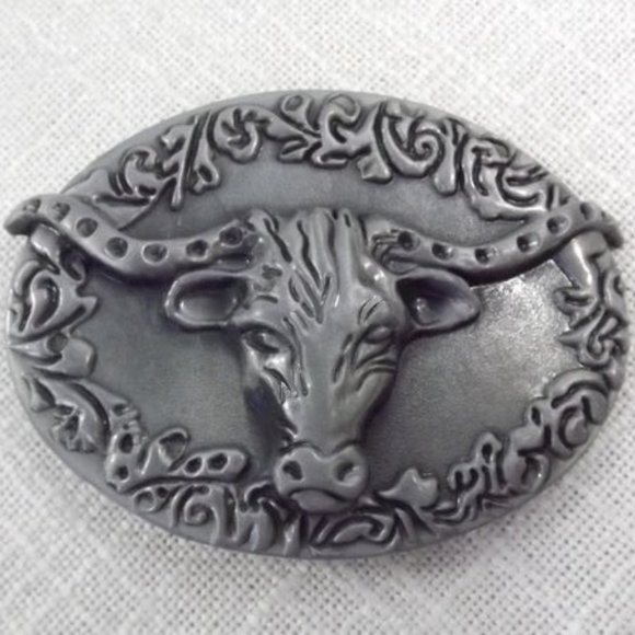 Long Horn Bull and Fronds Belt Buckle - Picture 1 of 8